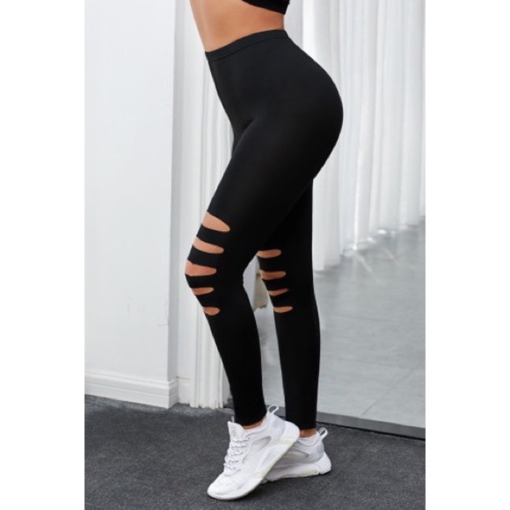 Black Hollow Out High Waist Leggings - Picture 5 of 10